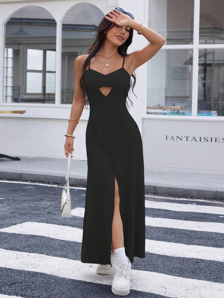 REF:AS1826 - Long Dress With Thin Straps And Front Slit: Elegance And Sensuality In The Same Look - màu đen - Xem 6
