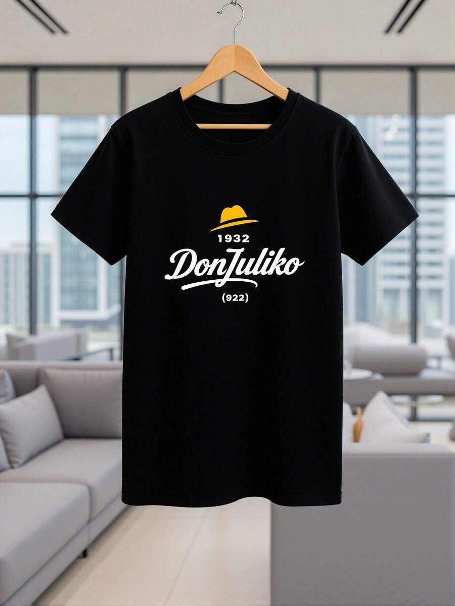 Camiseta negra estilo urbano Don Zuliko con diseño retro de sombrero amarillo y texto blanco que resalta el año 1932 moda en para hombres y mujeres en México ideal para salir y lucir auténtico algodón de alta calidad y confort perfecto para cualquier ocasión - Negro - Ver 1