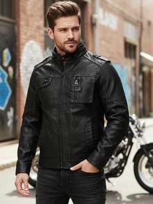 Men's Faux Leather Jacket – Vintage PU Motorcycle Bomber With Zipper Closure, Casual Fall Outerwear - 黑色 - 查看 8