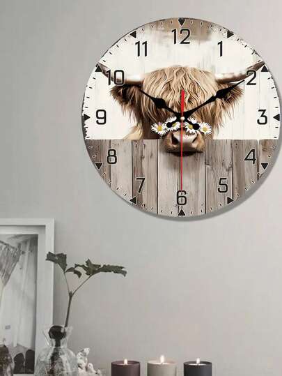 [10/12 Inch Silent Wooden Clock] 1pc Highl Cow Daisies Wand Clock, 10/12 Round Non Ticking, Battery Operated, Rustic Farmho Home, Living Room, Kitchen, Bedroom AA Not Included view 4