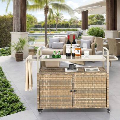 Outdoor Bar Table, Wicker Bar Cart With Cabinet, Patio Serving Cart With Steel Lid, With Ice Bucket, Lockable Wheels, Side Basket For Garden, Poolside And Backyard, Beige