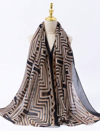 2025 Lightweight Flowing Black White Brown Geometric Striped Fashionable Elegant Versatile Slimming Breathable UV Protection Summer Sunshade Spring Autumn Warm Geometric Pattern