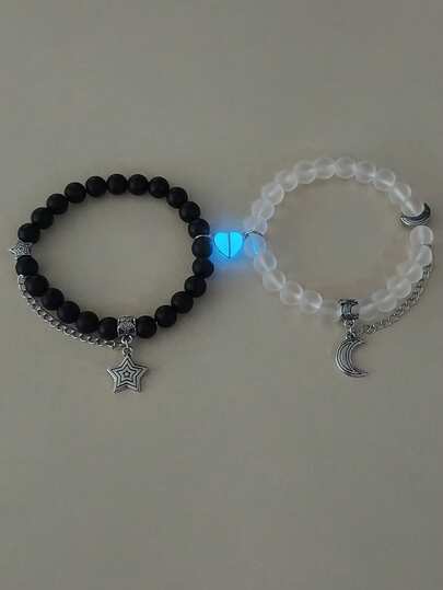 ATLVXJL 2pcs/Set Luminous Couple/Friendship Bracelet Set With Glow-In-The-Dark Heart, Star & Moon Chain Design, Casual Jewelry Accessories Suitable For Daily Wear And Holiday Gifts