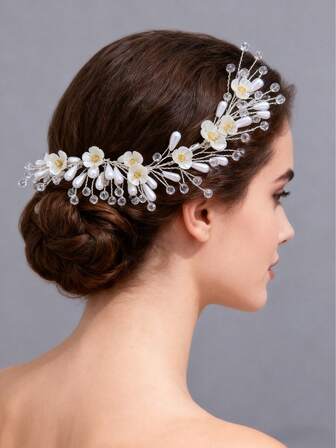 1 pieza Diadema con flores, cristales y perlas falsas, accesorio lindo adecuado para bodas, novias, cumpleaños y uso diario
