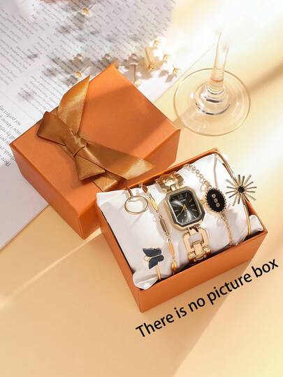 5pcs/Set High-Quality Exquisite Fashion Square Dial Women's Quartz Steel Strap Watch Exquisite Bracelet PairingSuitable For Daily Matching, Birthday, Gift For Women, Anniversary, Black Five Big Promotion, Year-End Big Promotion, Net One, Halloween Big Promotion And Holiday Gifts Without Gift Box.