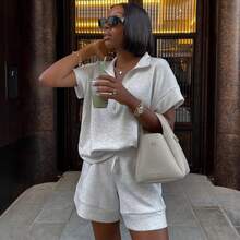 Europäische und amerikanische neue Damenmode Kurzarm Reißverschluss Umlegekragen Oberteil lässige Krawatte Shorts Damen afrikanische Mode Plus Size Zweiteiler - Weiss - Übersicht 4