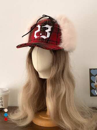 Vintage bokstäver och rutig basebollkeps med fuskpälsöronflikar, trendig leopardmönstrad trapperhatt med luddiga öronflikar för kvinnor på vintern, snygg rutig luddig basebollkeps för män och kvinnor på höst/vinter