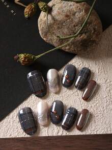 10pcs Acrylic Press On Nails Blue Plaid Cat's Eye Brown White Fake Nails Short Office DailyWear False Nails Artificial Nails Kit Includes 1sheet Adhesive Tabs &1 Pc Mini File - Multicolor - View 1