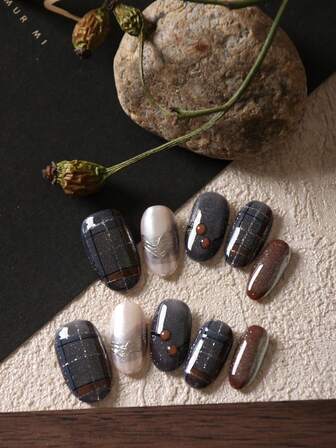 10pcs Acrylic Press On Nails Blue Plaid Cat's Eye Brown White Fake Nails Short Office DailyWear False Nails Artificial Nails Kit Includes 1sheet Adhesive Tabs &1 Pc Mini File