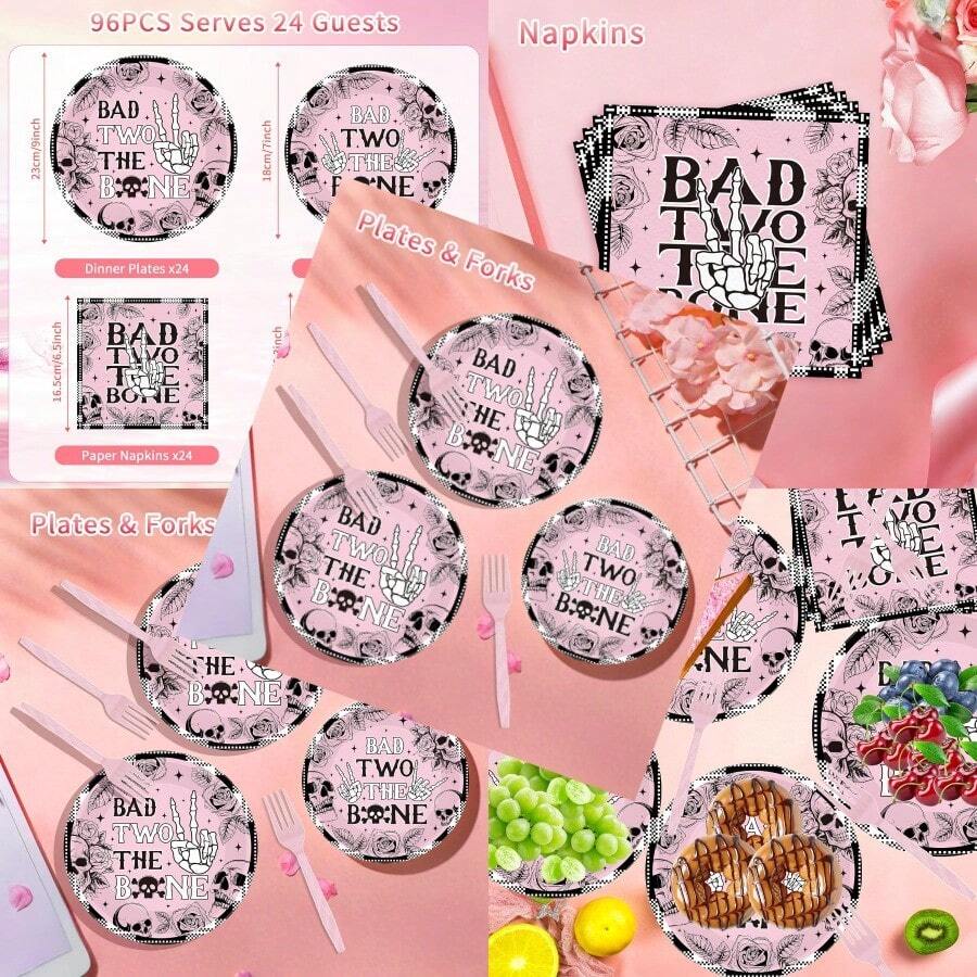 96 Pcs Bad Two The Bone Party Tableware Sets Rock And Roll 2nd Birthday Paper Plates Napkins Forks Bad 2 The Bone Party Decorations For Girls 2 Year Old Birthday Party Favors For 24 Guests - BadTwotheBone - Xem 1