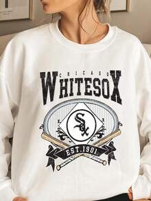 Vintage Chicago White Sox Sweatshirt,Women's Round Neck Long Sleeve Baseball Graphic Pullover For Casual And Party Occasions - 白色 - 查看 1