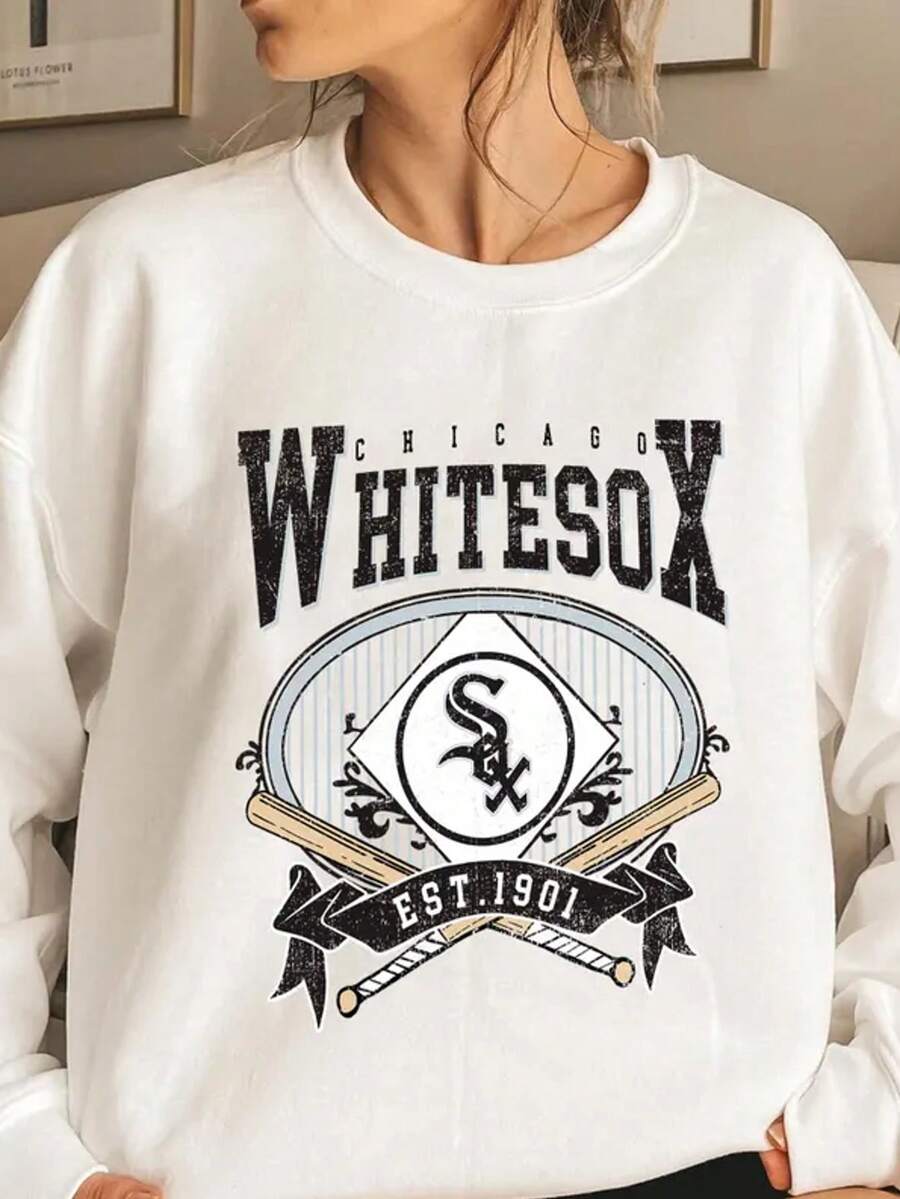 Vintage Chicago White Sox Sweatshirt,Women's Round Neck Long Sleeve Baseball Graphic Pullover For Casual And Party Occasions - 白色 - 查看 1
