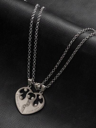 2 piezas Collar colgante de acero inoxidable con corazón hueco y letra, cierre ajustable, adecuado para uso diario de parejas, regalo del Día de San Valentín para novio/novia
