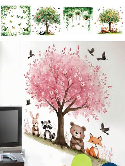 1片/2片/3片装 - 墙贴 - [绿色植物，粉色动物树] PVC自粘可移除墙贴，适用于托儿所、儿童房、游戏室或教室 - 可爱创意墙面装饰，适用于任何空间
