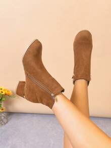 Botas cortas elegantes para mujer, con punta puntiaguda, tacón grueso alto, cierre con cremallera, botas cortas cómodas y versátiles - Camel - Ver 2