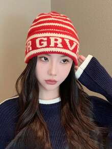 1pc Niche Striped Cuffed Letter Knit Beanie, Casual Versatile Warm Ear Protection Cold Weather Hat, Suitable For Christmas, Parties, Spring Festival, New Year And Other Holidays - Multicolor - View 9
