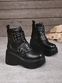 Botas de cano curto com salto médio e sola grossa, modelo curto e elegante, com zíper lateral, perfeitas para o outono/inverno. Versáteis e modernas, com efeito emagrecedor para mulheres plus size. - Preto - Ver 7