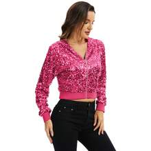 Women's Sequin Zip-Up Hooded Jacket With Ribbed Hem And Long Sleeves For Party Wear - Hot Pink - View 3