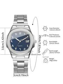 1pc Men's Fashion Simple Square Dial Calendar Stainless Steel Quartz Business Wrist Watch, No Watch Box Included - Silver - View 5