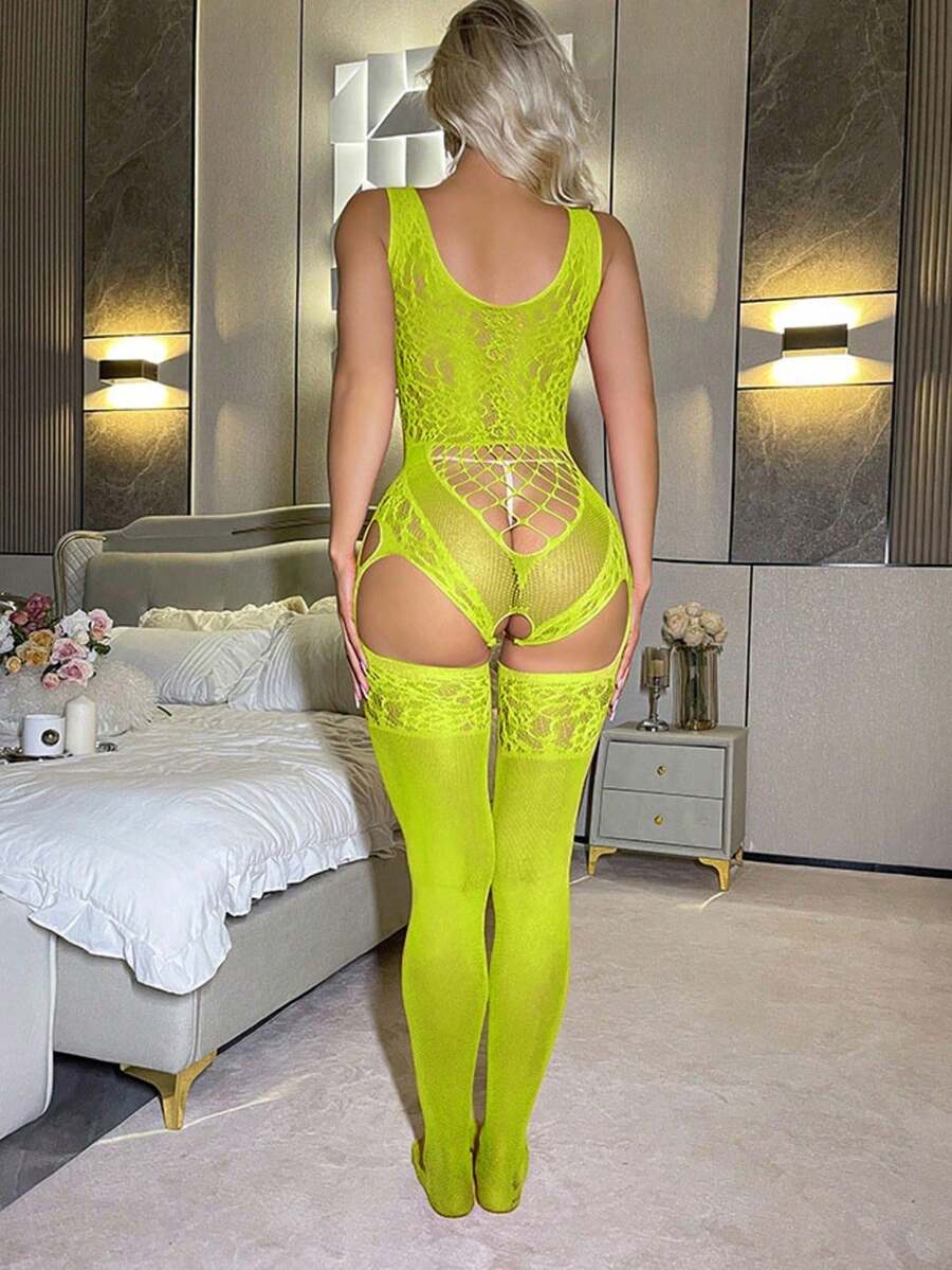 Women's Sexy Lingerie Bodystocking Off-Shoulder Fishnet Bodysuit Bikini Cover-Up - Fruit Green - View 1