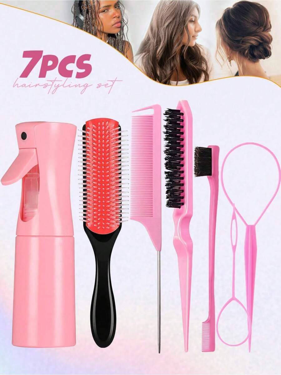 5/7pcs Hair Styling Tool Set, Includes French Braid Hair Ties, 9-Row Nylon Styling Brush, 200ml Continuous Spray Bottle, Detangling Brush, Edge Control Brush, Tail Comb, Long Steel Pin Tail Comb, Sectioning Comb, Hair Brush ,Hair Styling Kit ,Hair Tool Kit For Barber Salon Beauty Travel Essential Hair Products,Hair Cares,Hair Accessories - Multicolor - View 1