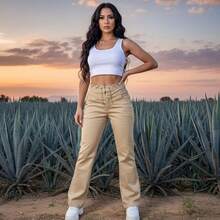 Pantalones Largos Rectos para Mujer Twill Suave con Bolsillos con Cremallera Talle Alto con Cadena Doble Cintura Formal e Informal para Uso Diario Moda - Beis - Ver 5