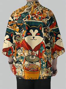 Men's Casual Fashionable Cardigan With Kimono Print Top, Clothing - Coral Orange - View 2