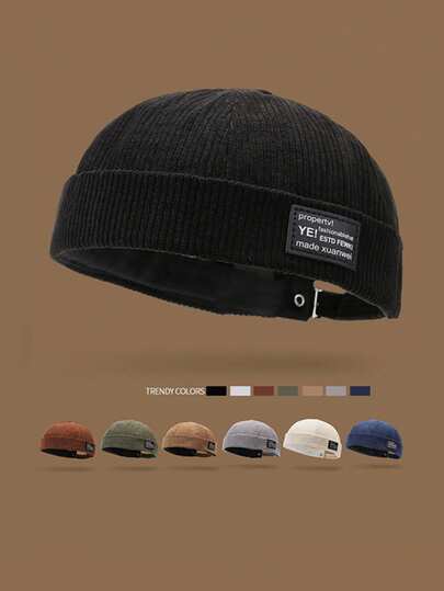 Unisex Corduroy Knit Hat With Leather Patch, Japanese Solid Color Beanie, Retro Tang Hat, Suitable For Men And Women, Casual Korean Style For Autumn/Winter