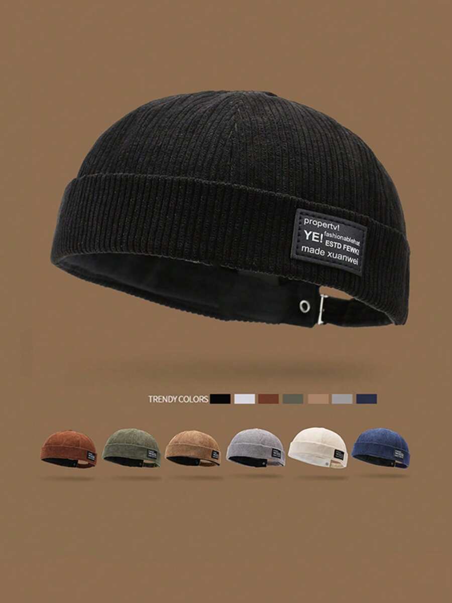 Mũ len nhung kẻ unisex phối da, mũ beanie màu trơn kiểu Nhật, mũ tang cổ điển, phù hợp cho cả nam và nữ, phong cách Hàn Quốc thường ngày cho mùa thu/đông. - A - Xem 1