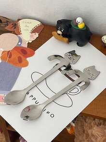 1pc Stainless Steel Cat Spoon Creative Cute Cartoon Hanging Cup Coffee Spoon Dessert Spoon Mug Hanging Mixing Spoon - Multicolor - View 3