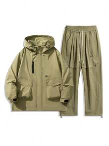 Plus Size Men's Casual Zip-Up Hooded Jacket And Pants Set, Autumn