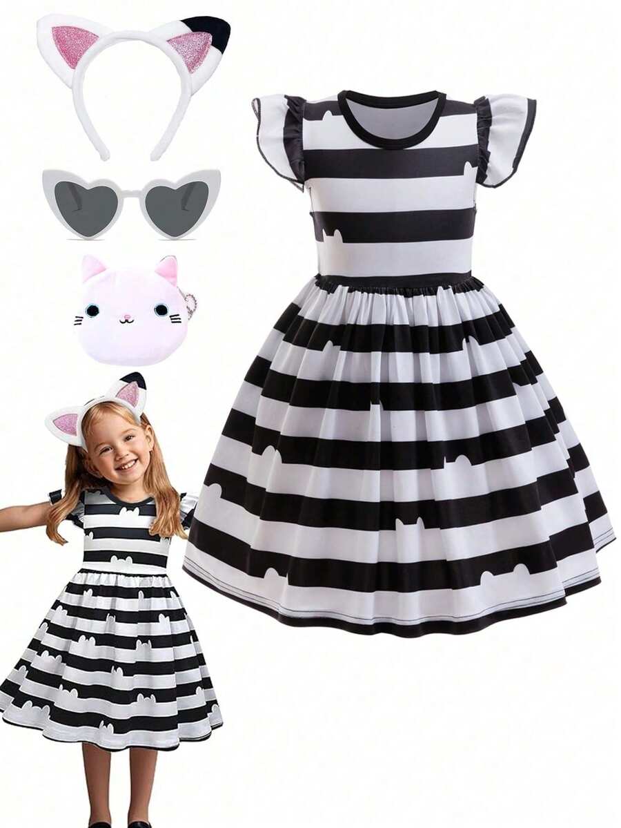 圣诞生日派对服装 猫咪娃娃屋服装 荷叶边袖休闲连衣裙 配发带、钱包、眼镜 可爱印花服装 - 黑與白 - 查看 1