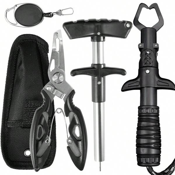 Juego de herramientas de pesca multifuncional, alicates de pesca mini portátiles con mango antideslizante y desmontaje rápido de anzuelos, sujetador de peces, sacaanzuelos, pinza para peces, hebilla de cuerda, bolsa, accesorios de pesca, equipo de pesca portátil