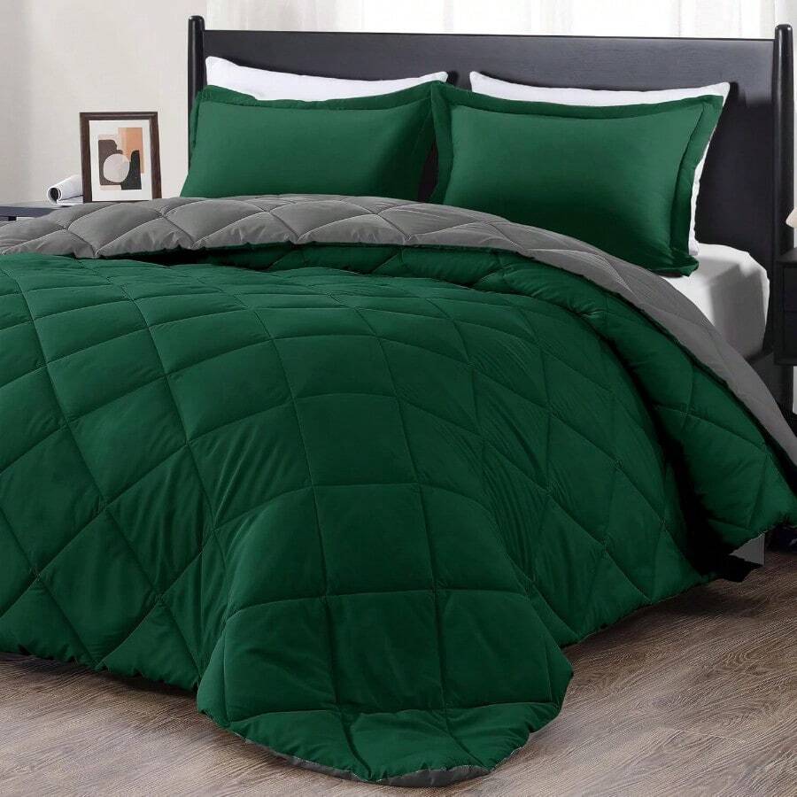 Downluxe King Size Comforter Set Dark Green And Grey King Comforter Soft Bedding Sets For All Seasons 3 Pieces 1 Comforter 104"X92" And 2 Pillow Shams(20"X36") - BlackishGreenGray - View 1