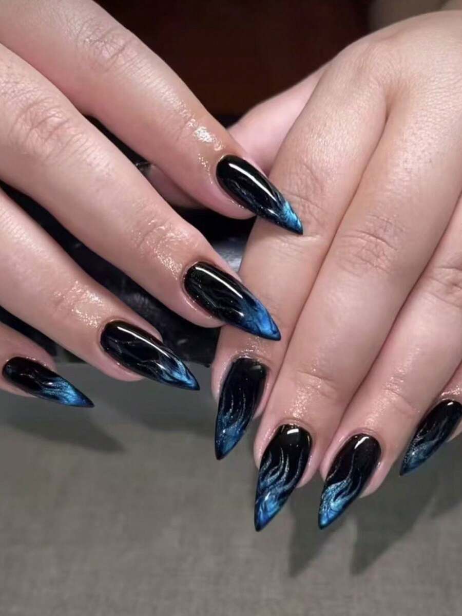 24片神秘蓝黑杏仁美甲贴片套装，包含1瓶甲油胶和1把指甲锉，适合女性和女孩日常佩戴或旅行，秋冬季美甲配件 - 藏蓝色 - 查看 1