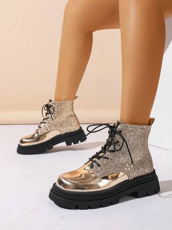 Botas de plataforma con parches de lentejuelas negras - Estilo exterior para mujer - Diseño de cordones adelgazante - Adecuado para sesiones de fotos de moda y múltiples ocasiones - Esencial para otoño/invierno