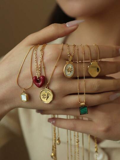 TONSI 1 pieza Collar colgante de acero inoxidable chapado en oro de 18K con diseños versátiles de corazón, cuadrado, óvalo y palma, adecuado para que las mujeres lo usen de manera casual, en el trabajo, en fiestas y reuniones