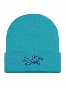 1pc Cartoon Bird Embroidered Streetwear Retro School Style Knit Beanie Hat, Warm Winter Headwear For Men