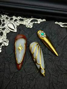 Cute Barquore Nail Art 10pcs Glossy Eye-Catching Luxurious Gold Armor French Middle Eastern And Western Gothic Palace Style Long Square Shaped Press On Nails . Bright Green Nail Face, 3D Hand Drawn Relief Craftsmanship, 3D Small Gold Beads Decoration, Unique Style, Eye-Catching Colors Suitable For Parties Women And Girls Wear With Free Gel Nail Kit. - Multicolor - View 5