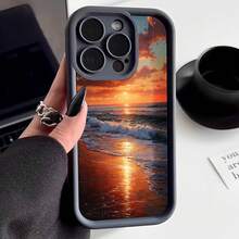 Cubierta de telefono con borde negro diseño puesta de sol en playa naranja y dorada para uso diario y viajes - Blanco - Ver 3