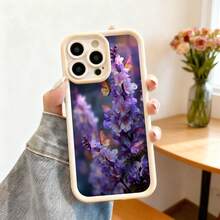 Cubierta de teléfono con borde protector color gris oscuro con estampado de flores púrpuras y mariposas multicolores para uso diario y estilo elegante - Blanco - Ver 2