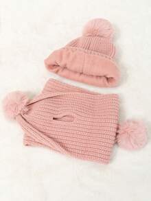 1 Set Kids Solid Color Thickened Knit Beanie Hat And Scarf, Unisex Autumn/Winter - Pom-pom Scarf + Solid Color Beanie - View 9