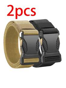 2 piezas/1 pieza Cinturón de lona para hombres con hebilla de liberación rápida, cinturón táctico para pantalones casuales y deportes al aire libre, regalo de cumpleaños ideal para hombres, ajuste regular, color negro, hebilla de plástico, talla grande, material de lona resistente, unicolor casual
