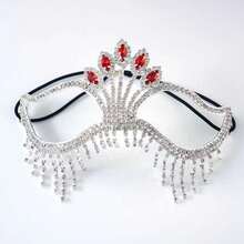 Máscara de Strass com Borla, Máscara de Luxo Totalmente Enfeitada com Strass e Penas, Acessório para Festa de Mascarada