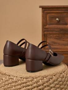 MonaNise 5cm Cloth Covered Heel Women's Fashion Metal Coffee Brown Mary Jane Low Chunky Heel Dress Shoes - Coffee Brown - View 6