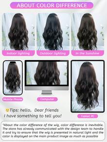 alicegarden 1顶黑色棕色合成耐热直发假发，中分刘海，纤维材质，适合日常佩戴，自然逼真（不含配件） - Black-brown - 查看 11