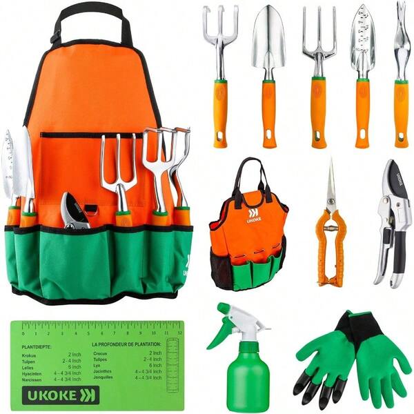 Garden Tool Set 12 Piece Aluminum Hand Tool Kit Garden Canvas Apron With Storage Pocket Outdoor Tool Heavy Duty Gardening Work Set With Ergonomic Handle Gardening Tools For Women Men