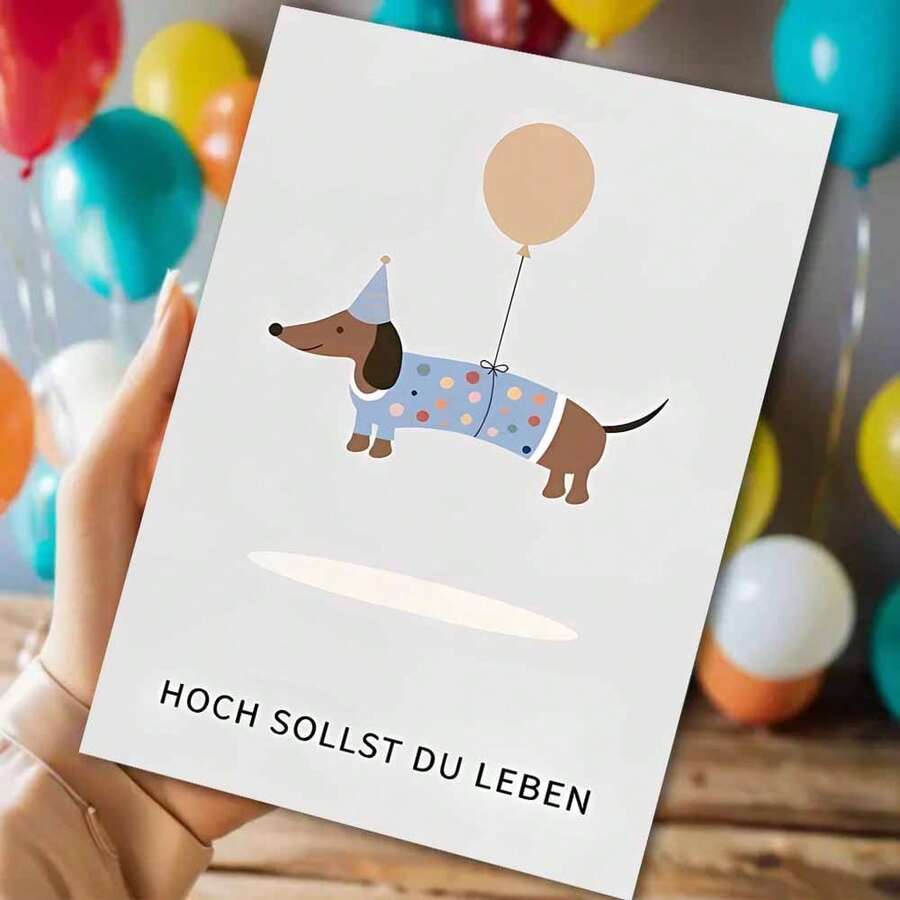 Thiệp mừng sinh nhật người lớn bằng tiếng Đức - Chú chó Dachshund đội mũ dự tiệc và bóng bay với lời chúc "Muôn năm bạn" (kèm phong bì) - Nhiều màu - Xem 1