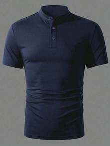 Men's Solid Color Casual Polo Shirt With Stand-Up Collar, Fashion Henley Style - 海洋 - 查看 3