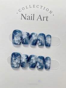 10 miếng dán móng giả hình bầu dục thủ công, phối màu xanh dương và vàng với họa tiết hoa 3D, sang trọng nhẹ nhàng và cao cấp, đa năng theo phong cách Y2K mùa đông - Thích hợp cho các bạn gái và phụ nữ, có thể tái sử dụng cho đám cưới, tiệc tùng, lễ hội và các dịp khác. Móng giả thủ công, móng dán. - Nhiều màu - Xem 2